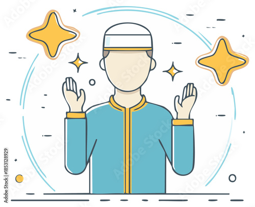 Muslim Man in Traditional Clothing Praying for Islamic Religious Holiday Illustration