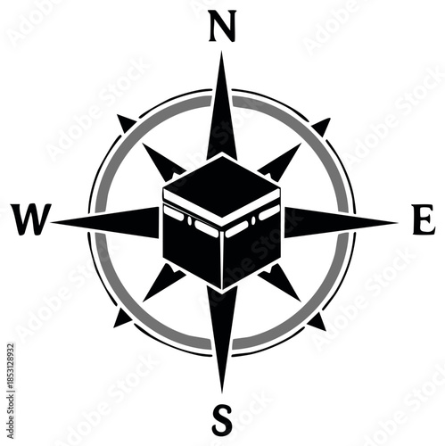 Islamic prayer direction compass symbol with Kaaba icon illustrating spiritual guidance pilgrimage faith