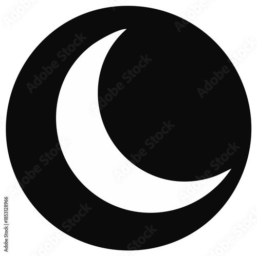 Simple crescent moon icon symbol on black circle background