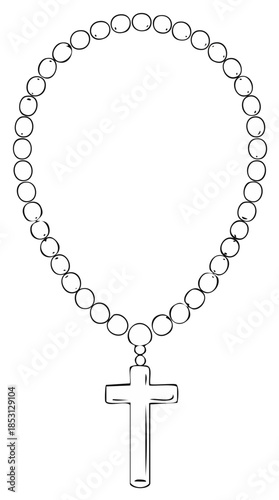 Elegant hand drawn line art rosary necklace with cross pendant for spiritual devotion