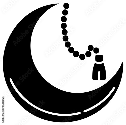 Islamic Crescent Moon with Prayer Beads Symbol for Ramadan and Eid Holidays