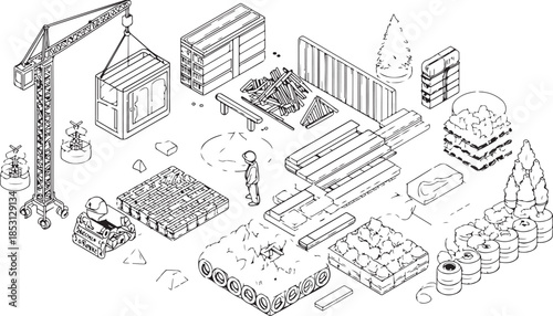 Isometric line art illustration of a construction site with a crane, cargo containers, lumber, and workers Keywords: construction, site, isometric, illustration, line art, crane, cargo, container