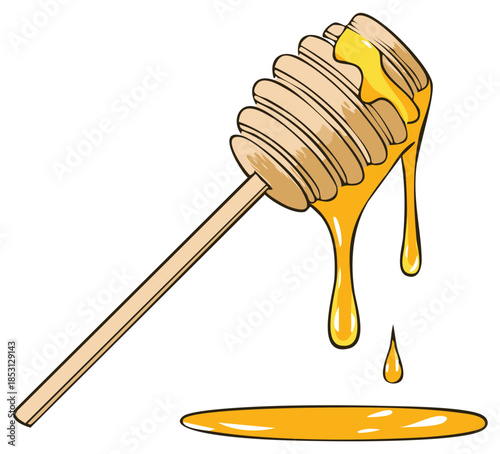 Wooden honey dipper dripping golden sweet honey illustration