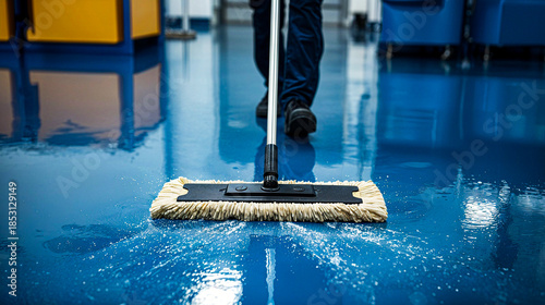 Professional janitor mopping shiny industrial floor in modern facility, commercial cleaning service concept with hygiene, maintenance, and workplace sanitation