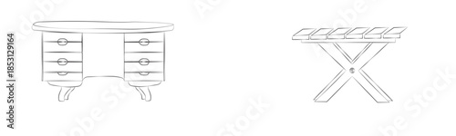 antique dresser and a cross-legged table shown in sketch style isolated on a white background, representing vintage furniture and home decor elements with a drawn look.