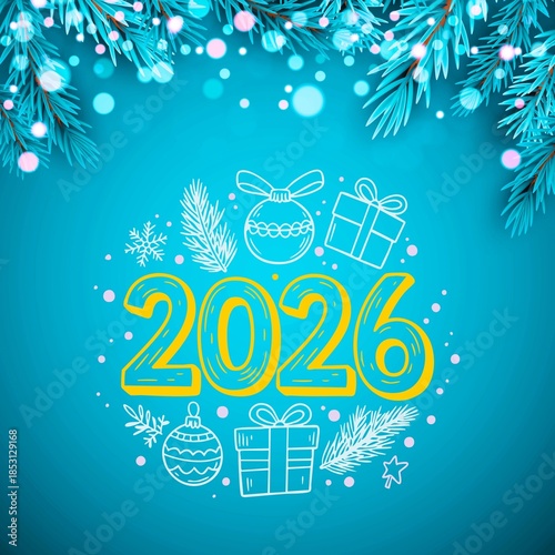 Happy New Year 2026 Greeting Card with Festive Winter Decorations.