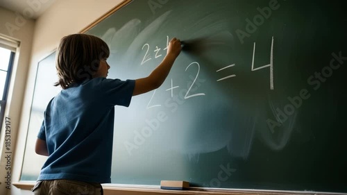 A young male child writes a math equation on a green chalkboard. This educational scene depicts learning and problem-solving. Ideal for childhood education and academic development concepts