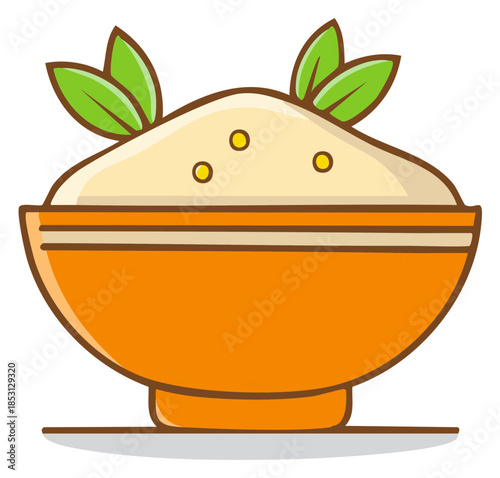 Simple cartoon bowl of porridge with fresh green leaf garnish vector illustration