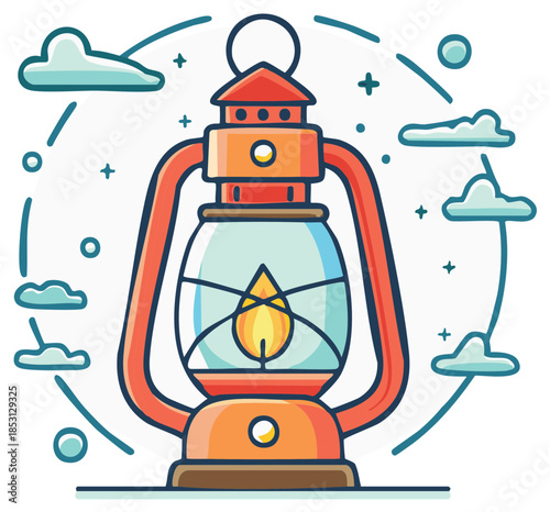 Illustrated vector design of a lantern with clouds and a flame.