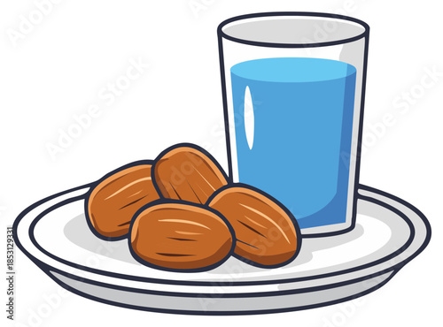 Simple Iftar meal of dates and a glass of water on a plate for breaking fast