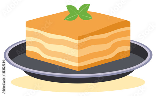 Vector Layered Pastry Dessert on Plate with Leaves for Garnish Illustration