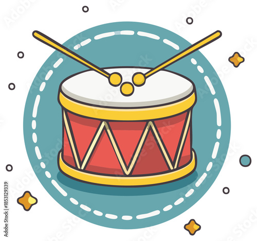 Cartoon drum with sticks and stars illustration on a teal circle background