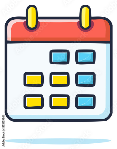 Cartoon calendar icon with colorful cells and a red topper, planning and scheduling reminder