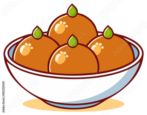 Bowl of sweet golden fried dumplings with green garnish and paw prints