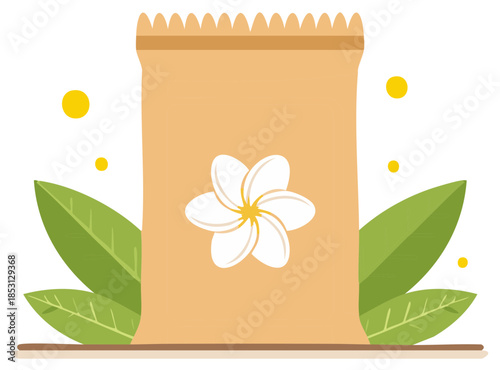 Eco friendly paper bag with plumeria flower graphic tropical leaves and decorative yellow dots