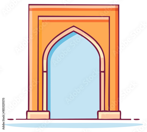 Stylized Orange Archway with Islamic Architectural Elements and Light Blue Interior