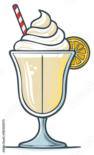 Refreshing creamy beverage with orange slice and striped straw in a stemmed glass