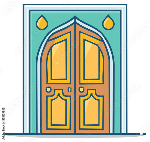 Traditional Islamic arched double door vector illustration with ornate decoration