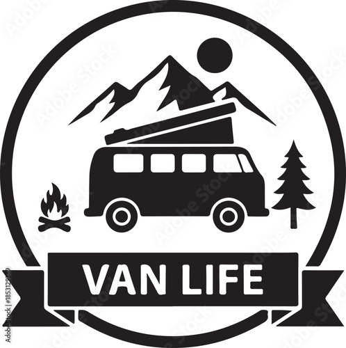 black silhouette of van life travel icon on white background, vector.