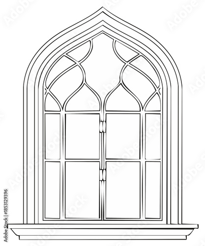 Elegant Gothic arched window with intricate tracery line art vector illustration
