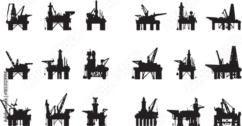 Silhouette collection of 15 offshore oil drilling rigs with diverse structures and crane configurations