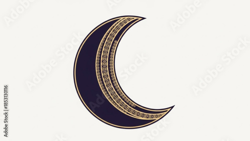 Dark blue crescent moon shape with gold decorative border on white background