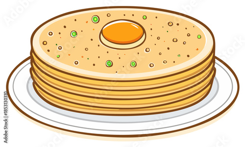 Golden stacked pancakes with central topping and colorful inclusions on a white plate