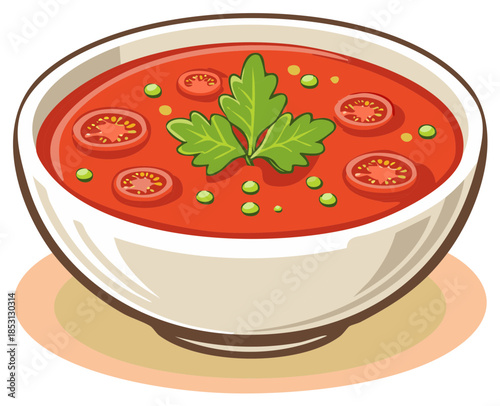 Fresh red tomato soup in a white bowl garnished with parsley and tomato slices a healthy meal illustration