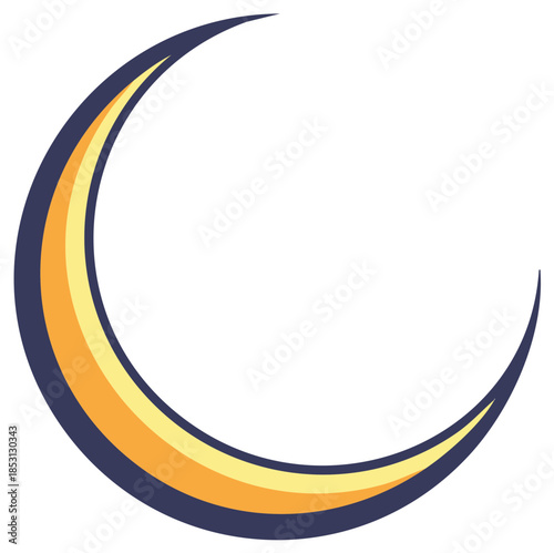 Stylized moon crescent illustration with layered orange, yellow, and dark blue colors