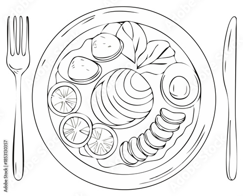 Healthy meal line drawing illustration of salmon salad with cutlery top view