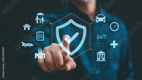 Businessman touching digital screen with insurance icons image