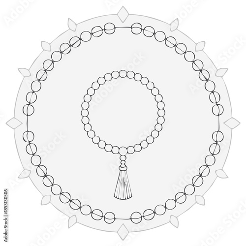 Stylized outline illustration of prayer beads with tassel forming a circular spiritual meditation design