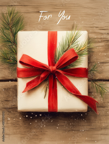 Festive Gift Box with Red Ribbon and Pine Needles on Rustic Wood