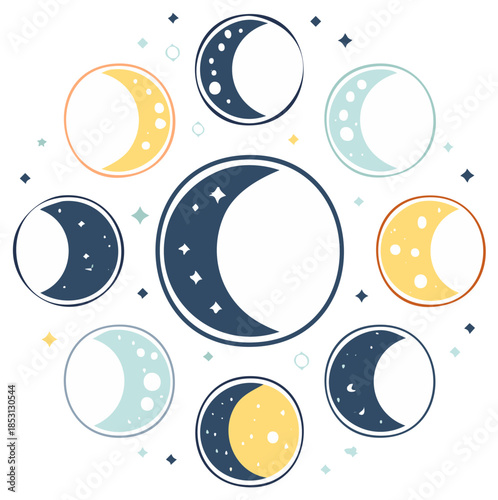 Moon Phases Set in Pastel Colors and Different Shapes, Moon Cycle Concept Illustration