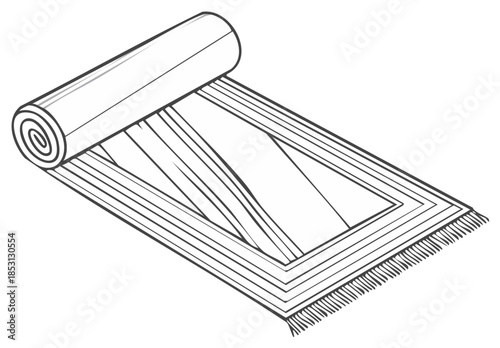 Line Art Illustration of a Rolled Up Carpet or Rug with Geometric Patterns and Fringes