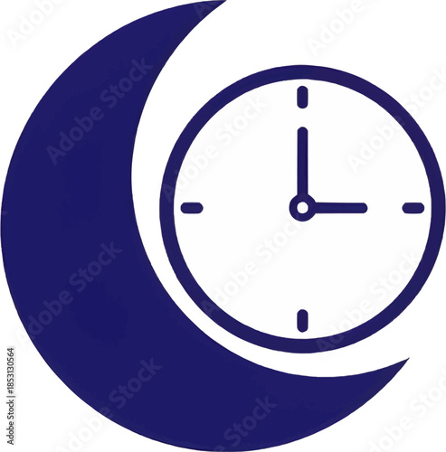 Blue crescent moon combined with a clock face. Vector illustration representing night time, sleep tracking, late hours, or overnight services.
