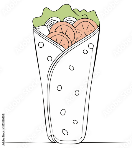 Delicious freshly prepared hand drawn wrap illustration with meat and vegetables