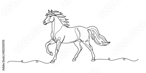 Continuous one line of a graceful horse symbolizes Lunar New Year, cultural harmony, hand drawn vector illustration.