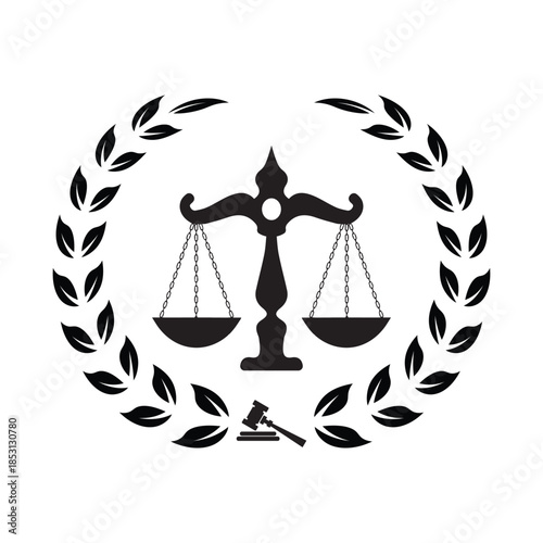 Black Circular emblem combining gavel, scales, and olive leaves, harmony concept. Scales icon logo seal vector on white background Vector stamp icon.