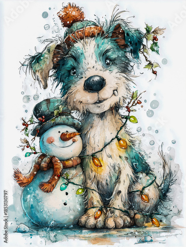 Whimsical Christmas Dog and Snowman with Festive Lights