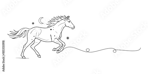 Continuous one line of a galloping horse expressing energy and prosperity, lunar zodiac concept, hand drawn vector illustration.