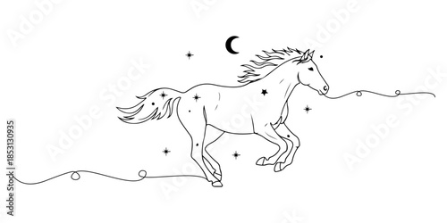 Continuous one line of a galloping horse expressing energy and prosperity, lunar zodiac concept, hand drawn vector illustration.