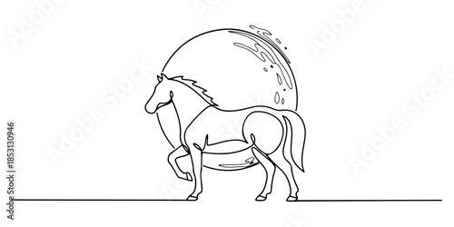 Continuous one line of a horse combined with moon circle, modern lunar festival theme, hand drawn vector illustration.