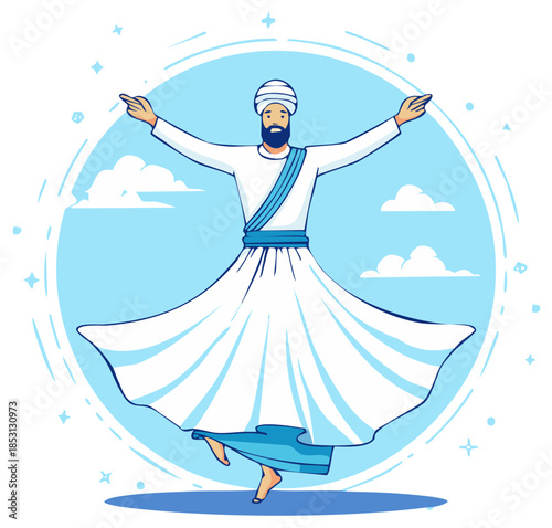 Animated Sufi Dervish dancer performing a graceful spiritual whirling ritual in traditional white robes