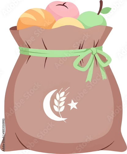 A burlap bag filled with apples and fruits featuring a crescent moon and star emblem. Represents charity, food donation, or Ramadan food supplies in a flat vector style.