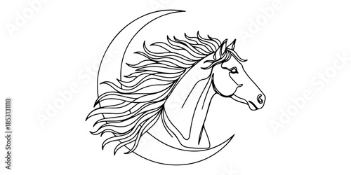 Continuous one line of a horse with flowing mane shaped like a crescent moon, artistic lunar symbolism, hand drawn vector illustration.