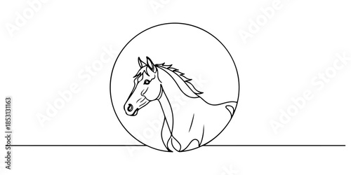 Continuous one line of a horse inside a circular moon frame, zodiac horse theme, hand drawn vector illustration.