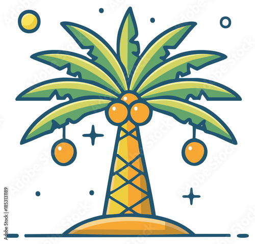 Vibrant tropical palm tree illustration featuring coconuts and sun on an idyllic island