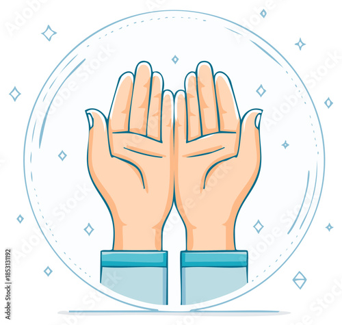 Illustration of open hands praying for a blessing inside a sparkling sphere