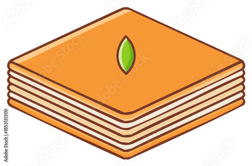 Baklava Pastry: Illustration of layered dessert topped with nut in isometric view, for sweet food concepts